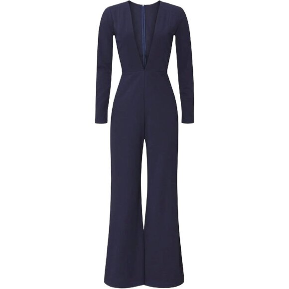 STYLESTALKER Nova Navy Jumpsuit Long-Sleeve Deep Plunge V-Neck Size Small 70s - Picture 3 of 14